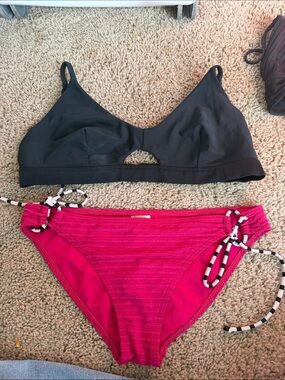 Black & Hot Pink Two-Piece Bikini Set with Tie-Side Bottoms